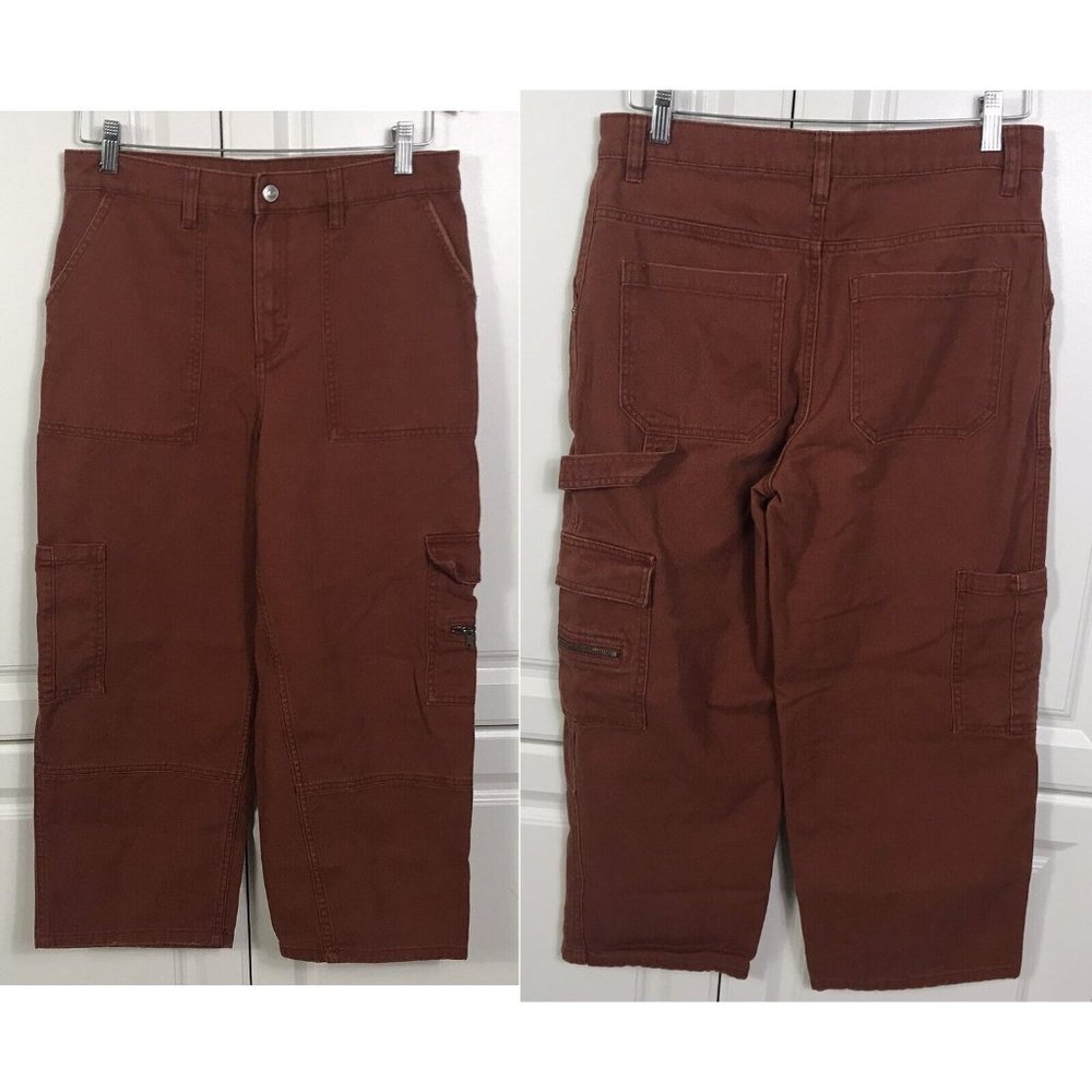 H&M Divided 8P Petite Carpenter Utility Pants Cropped Wide Leg Orange Denim